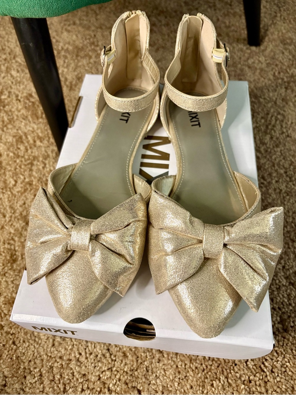 Mixit Champagne Bow Pointed-Toe Ankle-Strap Flats